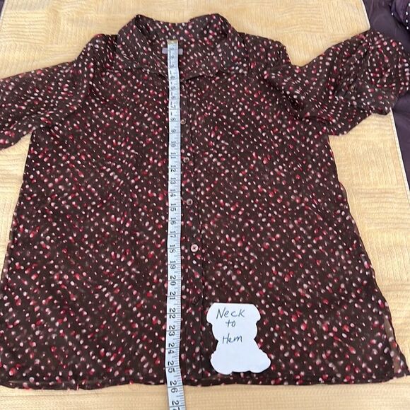J Jill LS sheer blouse brown w/ red white print GUC last picture shows colors - Picture 5 of 16